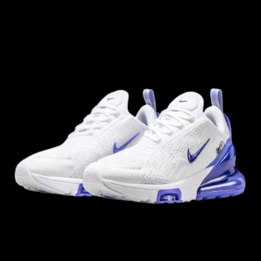 Nike Air Max 270 Premium Womens Size 7.5 White Royal Sapphire Metallic Silver